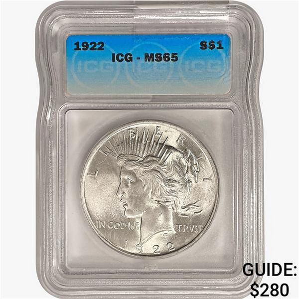 1922 Silver Peace Dollar ICG MS65