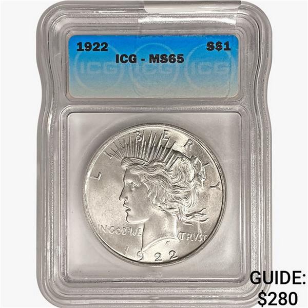 1922 Silver Peace Dollar ICG MS65