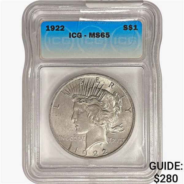 1922 Silver Peace Dollar ICG MS65