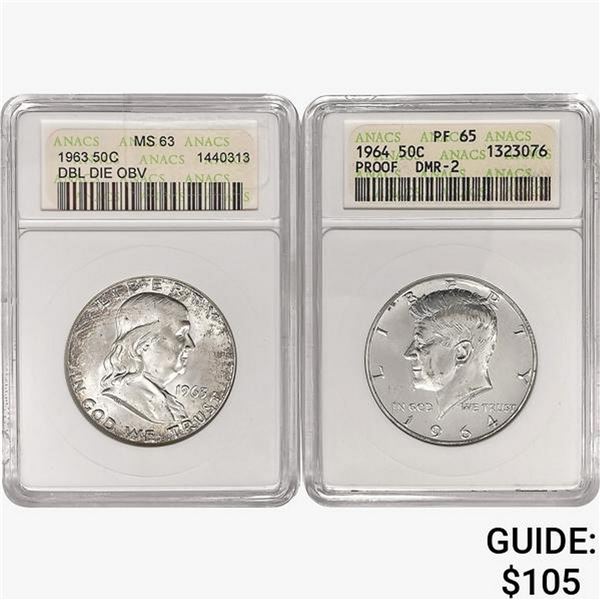 [2] 1963-1964 Silver Half Dollars ANACS PF/MS
