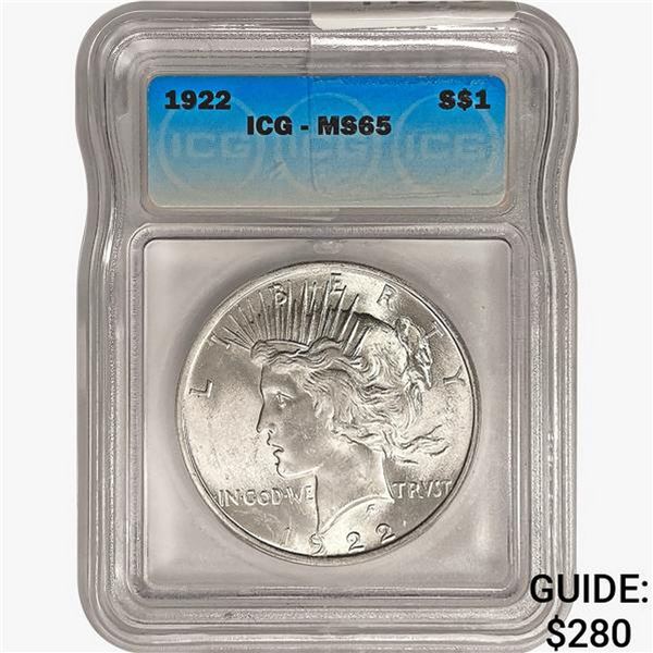 1922 Silver Peace Dollar ICG MS65