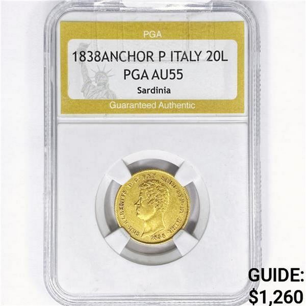 1838-P 20L .19oz Italy Gold PGA AU55 Sardinia