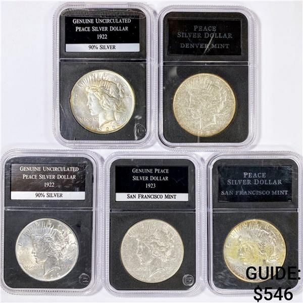 1922 [3], 1923 [2] Set [5] Silver Peace Dollar UN