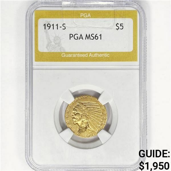 1911-S $5 Gold Half Eagle PGA MS61