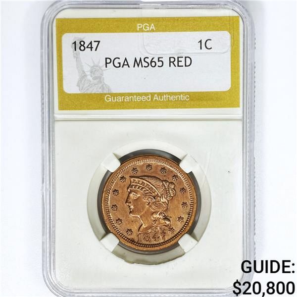 1847 Braided Hair Large Cent PGA MS65 RED