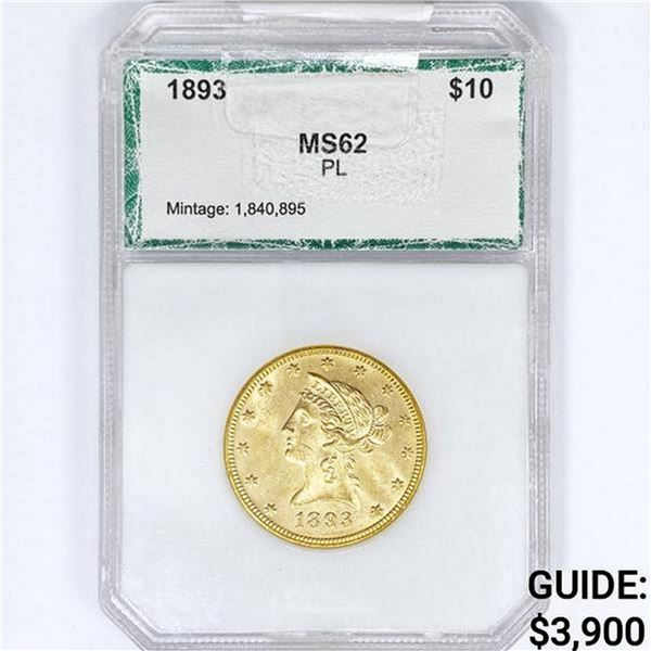 1893 $10 Gold Eagle PCI MS62 PL
