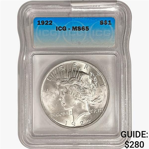 1922 Silver Peace Dollar ICG MS65