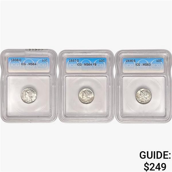 [3] 1936-1938 Mercury Silver Dime ICG MS63/64