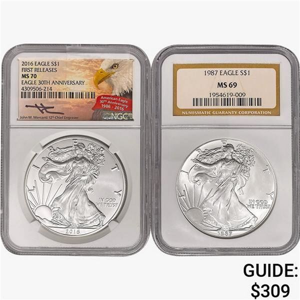 [2] 1987 & 2016 Silver Eagle NGC MS69/70