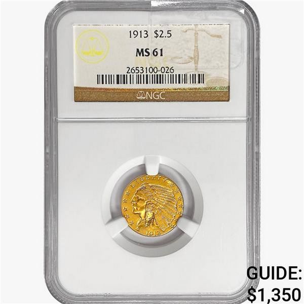 1913 $2.50 Gold Quarter Eagle NGC MS61
