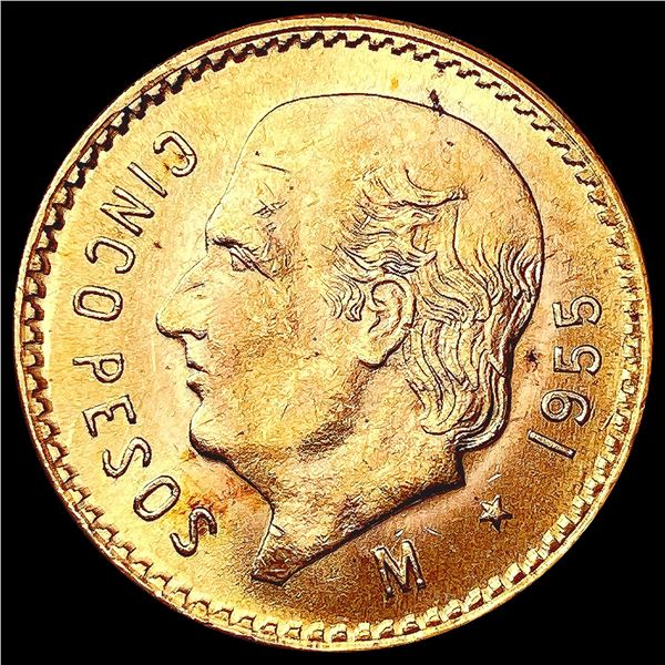 1955 Mexico .1206oz Gold 5 Pesos GEM BU