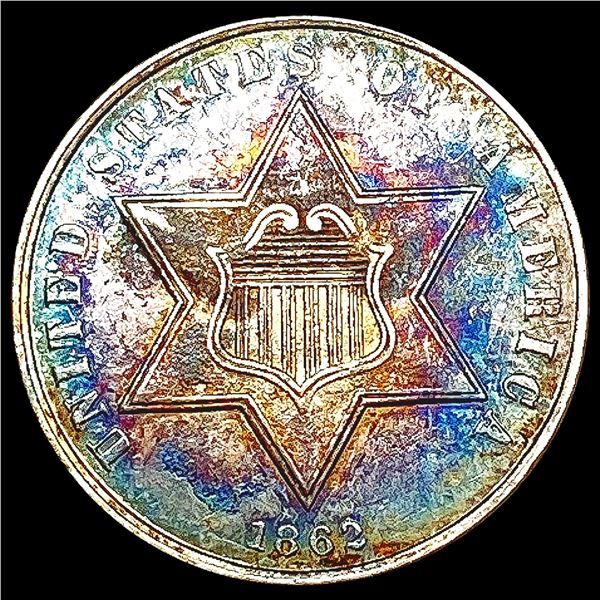 1862 Toned Silver Three Cent CLOSELY UNCIRCULATED