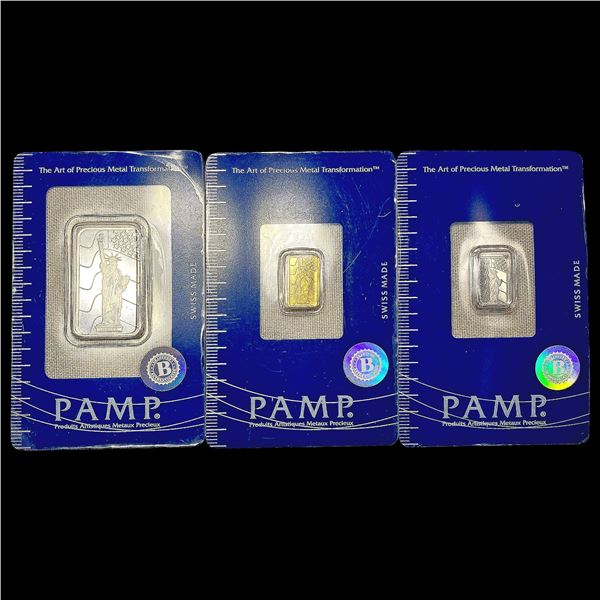 PAMP 1g Gold, 1g Plat 10g SILV Bars HIGH GRADE