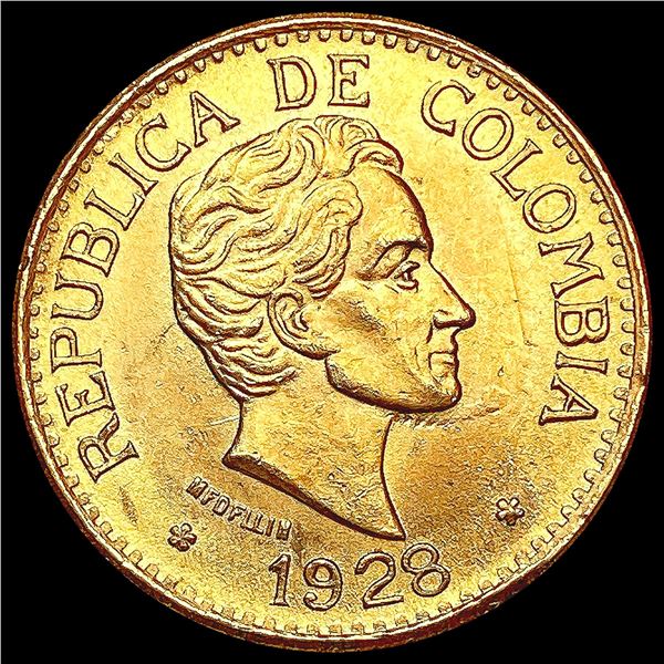 1928 Columbia .2355oz Gold 5 Pesos CLOSELY UNCIRCU