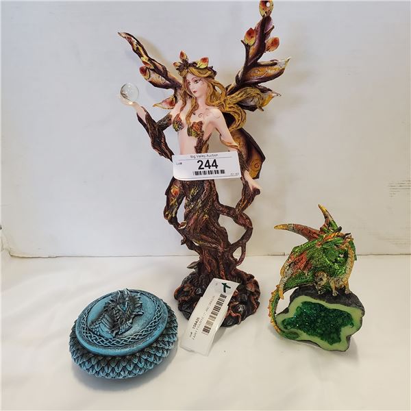 FAIRY FIGURINE 12"  AND DRAGON KEEPSAKE BOX, AND DRAGON FIGURE