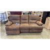 Image 1 : BROWN SUEDE POWER RECLINING SOFA - LEFT SIDE RECLINES, RIGHT SIDE DOES NOT