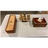 Image 1 : CARVED SHIP, VINTAGE LIQUOR CASE W/ WEIGHTS, AND BRASS BOUND JEWELLERY BOX