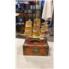 Image 2 : CARVED SHIP, VINTAGE LIQUOR CASE W/ WEIGHTS, AND BRASS BOUND JEWELLERY BOX