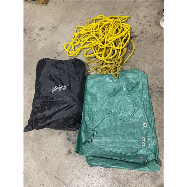 Mattress, tarp and rope