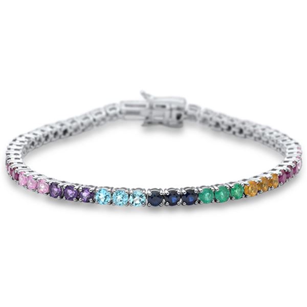 7.03ct Natural Multicolor Gemstone 14K White Gold Tennis Bracelet
