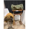 Image 1 : Wooden End Tables, Beaded Seat Covers & Military backpack