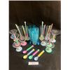 Image 1 : Vintage Colourful Sundae Set with Spoons, Straw-sticks & 3 Blue Glasses & Stir Sticks