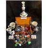 Image 2 : Variety of Costume Jewellery in Wooden Box, Hand Painted Coffee Mug Set & Candle Holder, Silver Plat