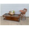 Image 1 : Wicker Basket Filled w Stuffed Animal Toys, Vintage Solid Maple High Chair & Glass Top Coffee Table