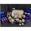 Image 1 : Silver Plated Tea Set, Chalices, Brass Salt & Pepper Shakers