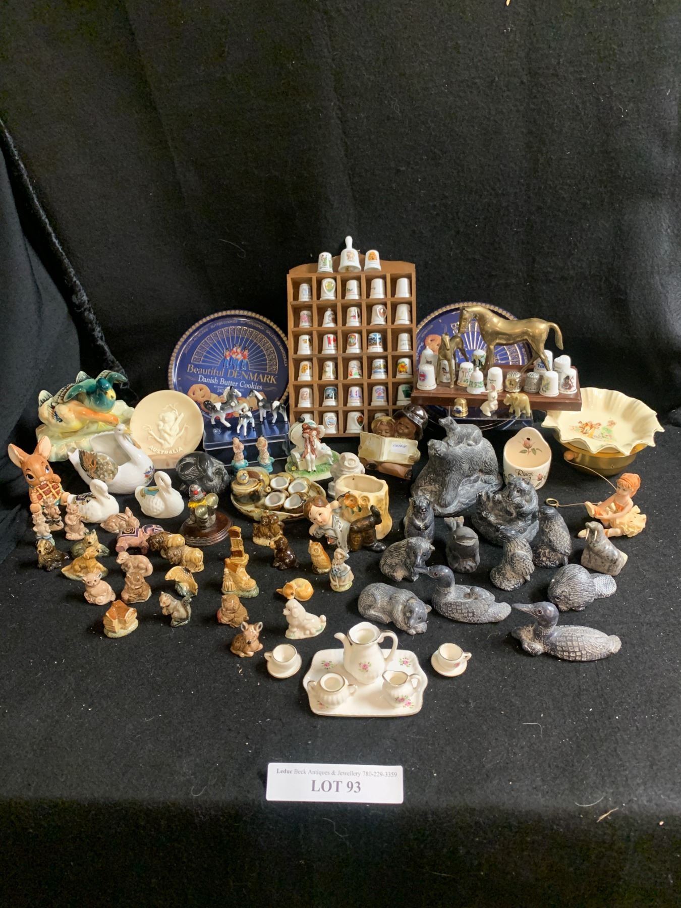 Porcelain Figurines, Miniature Tea Set, Thimbles in Wooden Case, Brass ...