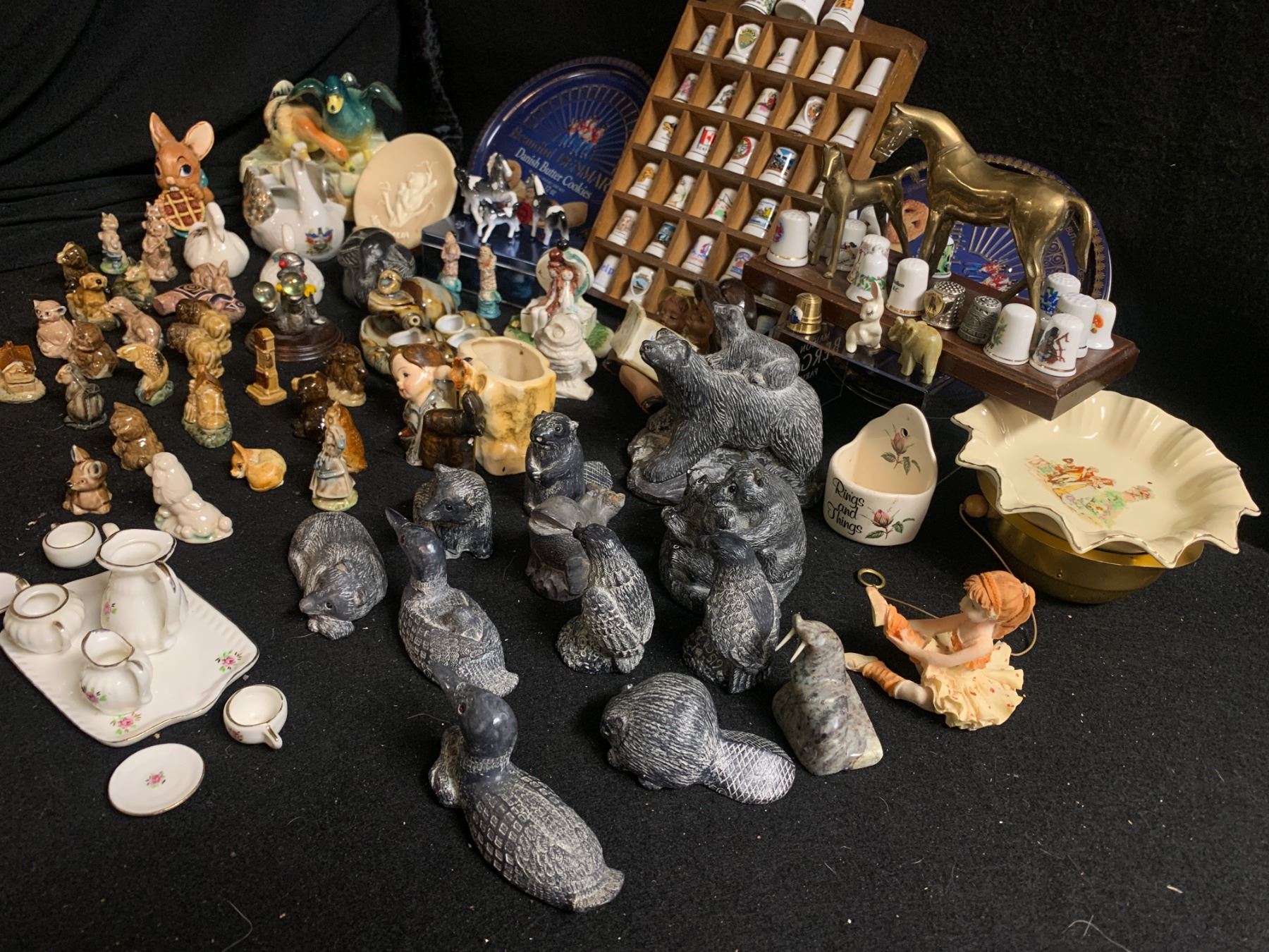 Porcelain Figurines, Miniature Tea Set, Thimbles in Wooden Case, Brass ...