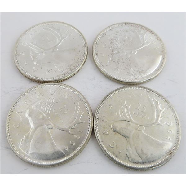 4 Canadian Silver Quarters 1964