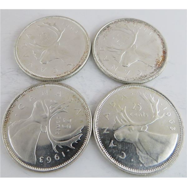 4 Canadian Silver Quarters 1963