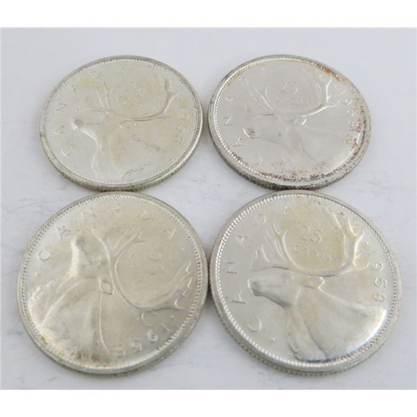4 Canadian Silver Quarters 1958
