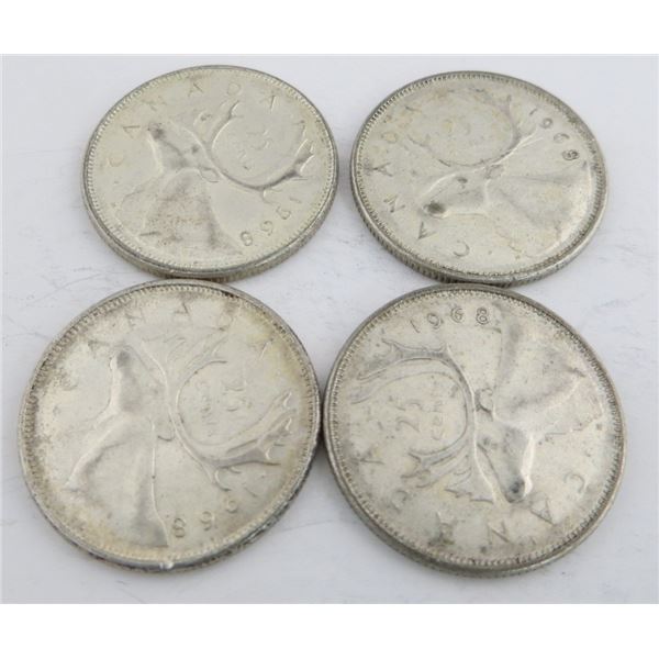 4 Canadian Silver Quarters 1968