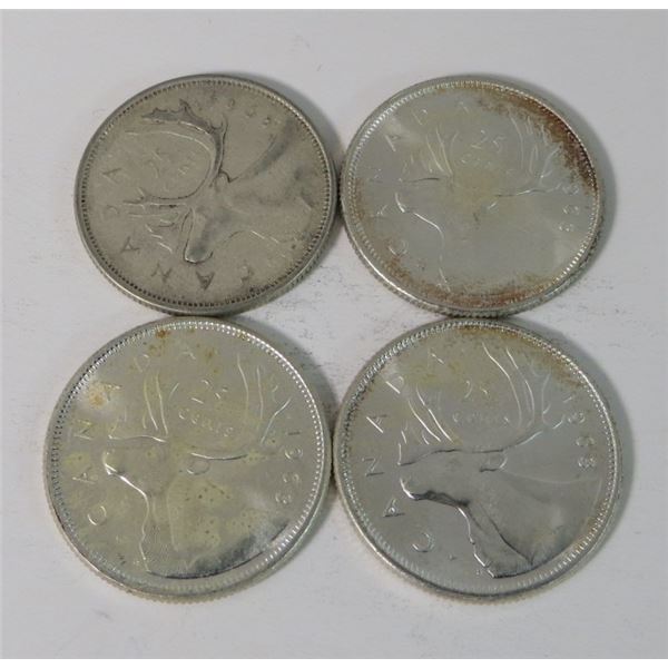 4 Canadian Silver Quarters 1963