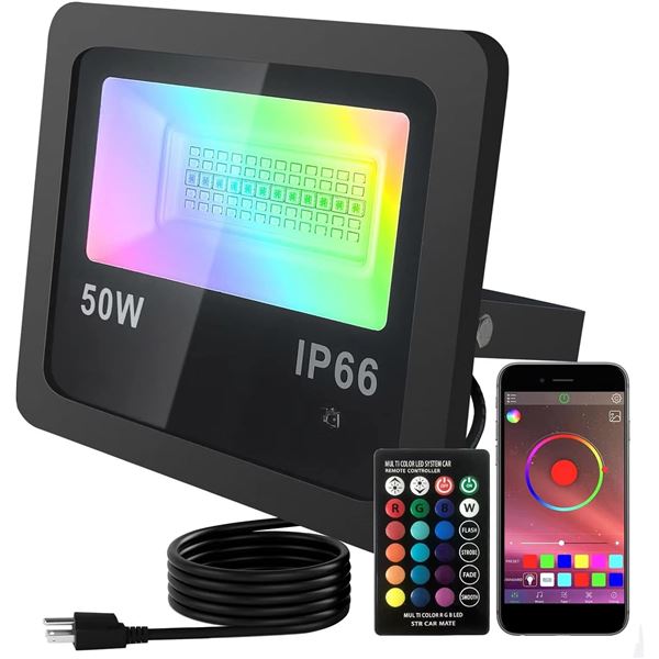 Lot of 1 BOYILITD 50W RGB LED Flood Light w/ Smart APP Control & Remote Control - Colour Changing