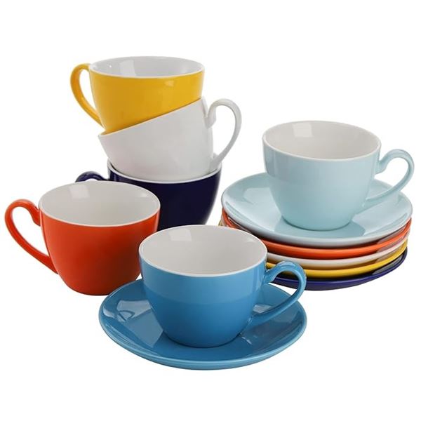Lot of 1 Box of Porcelain Colorful Tea Cups with Saucers - 6PCS/Colours