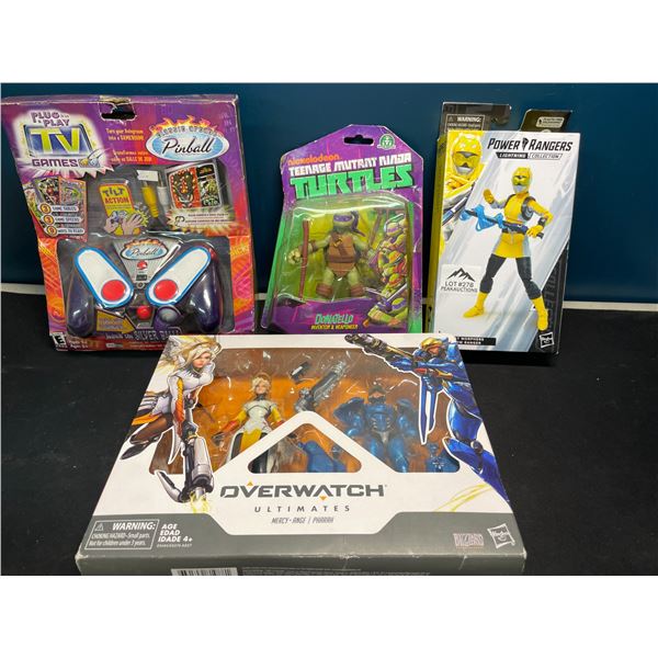 Lot of 4 Assorted Toys - Ninja Turtles, Power Ranger, Overwatch, & Pinball