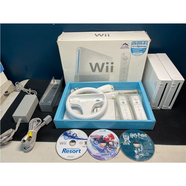 Lot of 2 Nintendo Wii Consoles w/ 3 Games, Cords, and 2 Controllers - Used