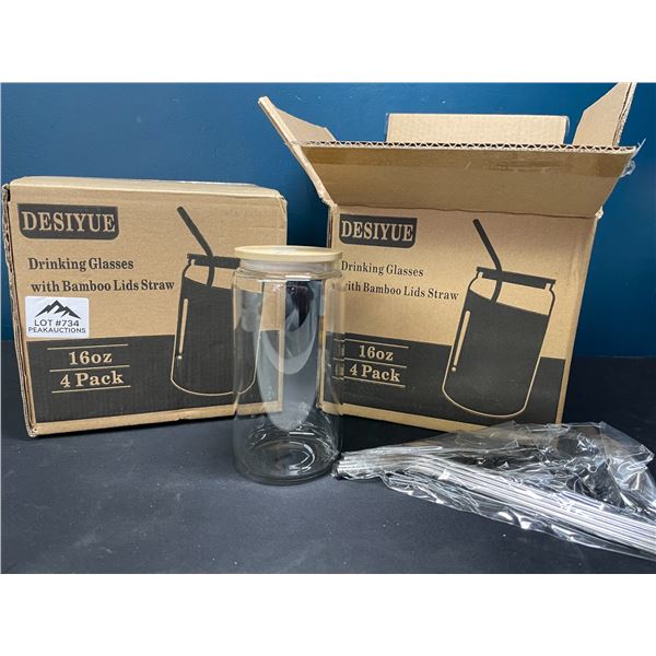 Lot of 2 Boxes of Glass Drinking Glasses w/ Bamboo Lids & Metal Straws - 4 per box/8 total!