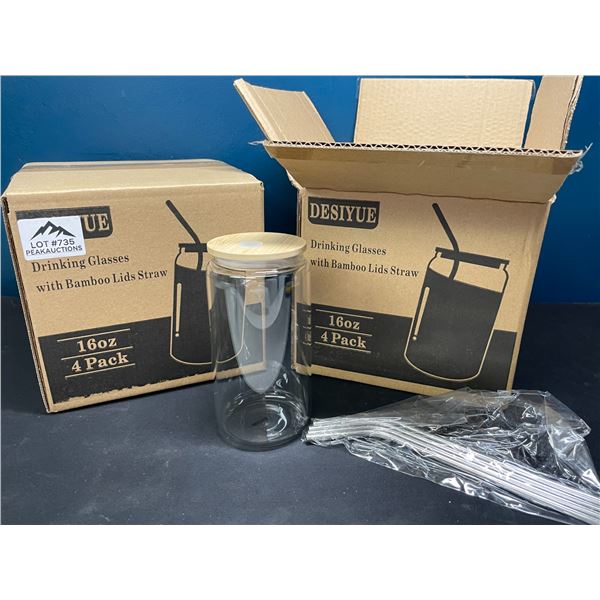 Lot of 2 Boxes of Glass Drinking Glasses w/ Bamboo Lids & Metal Straws - 4 per box/8 total!