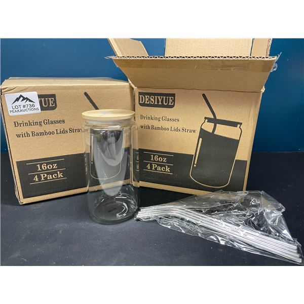 Lot of 2 Boxes of Glass Drinking Glasses w/ Bamboo Lids & Metal Straws - 4 per box/8 total!