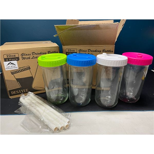 Lot of 2 Boxes of Glass Drinking Bottles w/ Lids - 4 per box/8 total!