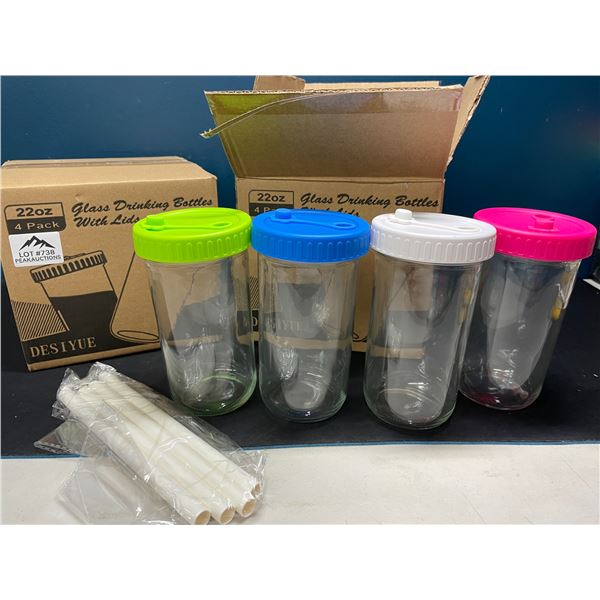 Lot of 2 Boxes of Glass Drinking Bottles w/ Lids - 4 per box/8 total!