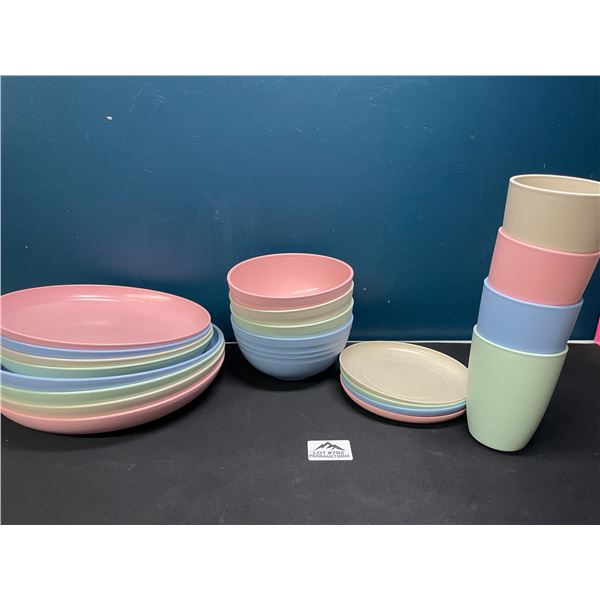 Lot of Plastic Dinnerware - 20 PCS - Cups, Bowls, Small & Large Plates