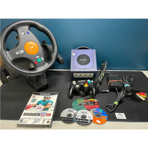 Lot of 1 Nintendo Gamecube w/ Logitech Wheel, 5 Games Controller, & Cords
