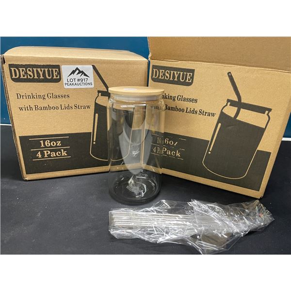 Lot of 2 Boxes of Glass Drinking Glasses w/ Bamboo Lids & Metal Straws - 4 per box/8 total!