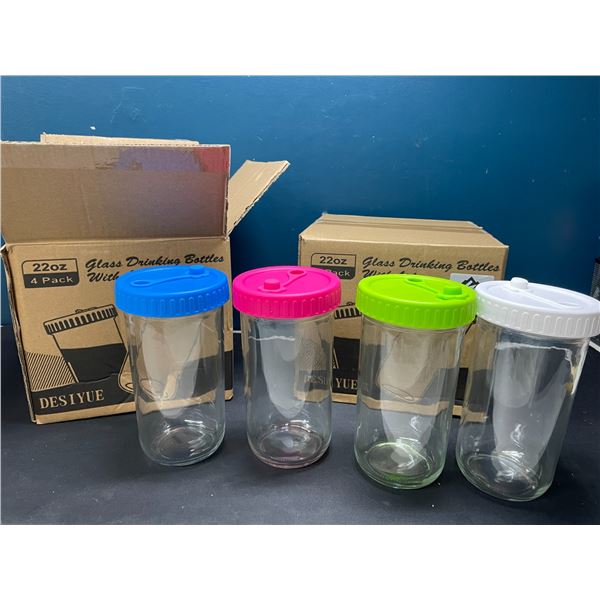 Lot of 2 Boxes of Glass Drinking Bottles w/ Lids - 4 per box/8 total!