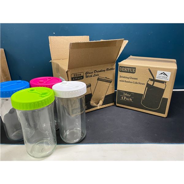 Lot of 2 Boxes of Glass Drinking Bottles w/ Lids - 4 per box/8 total!